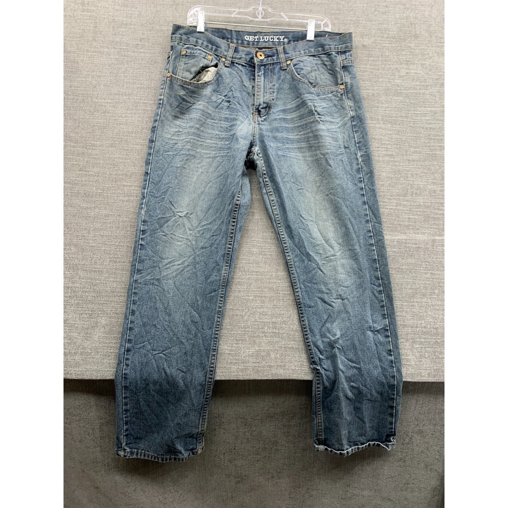 Get Lucky Jeans Mens 36x32 Blue Denim Cotton Flat‎ Front Straight Leg Outdoor
